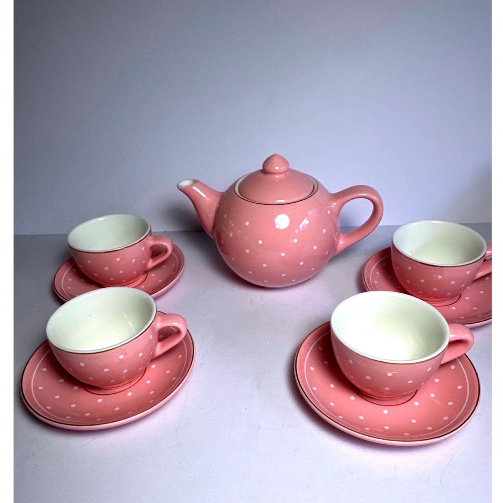 FAO Schwarz Tea Set Kids Pink Polka Dot Ceramic 9pc Gold Trim 2018